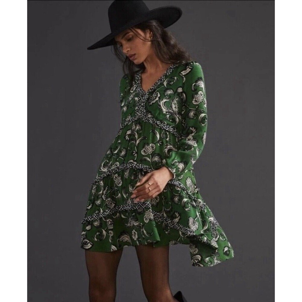 Anthropologie Robin Boho Tiered Ruffled V-Neck Dress Green Motif Size Small